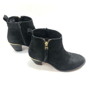 Steve Madden Boots Black Suede Leather Bootie Wood Block Heel 7.5 Gold Details